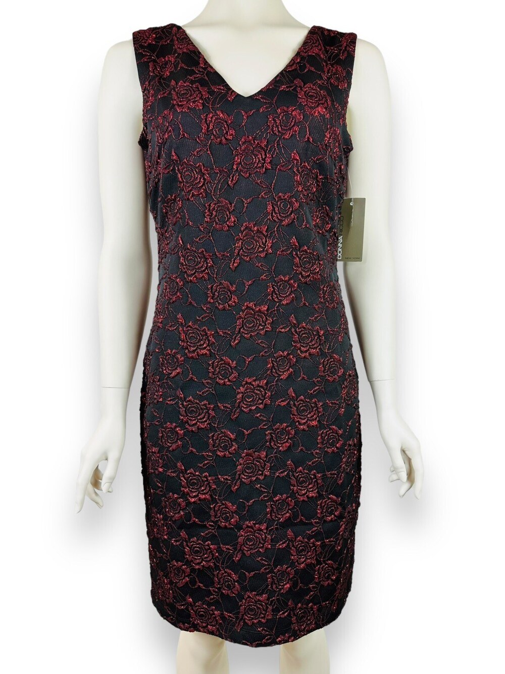 Donna Ricco Sheath Dress Women's 4 Metallic Floral Brocade Red Black Cocktail
